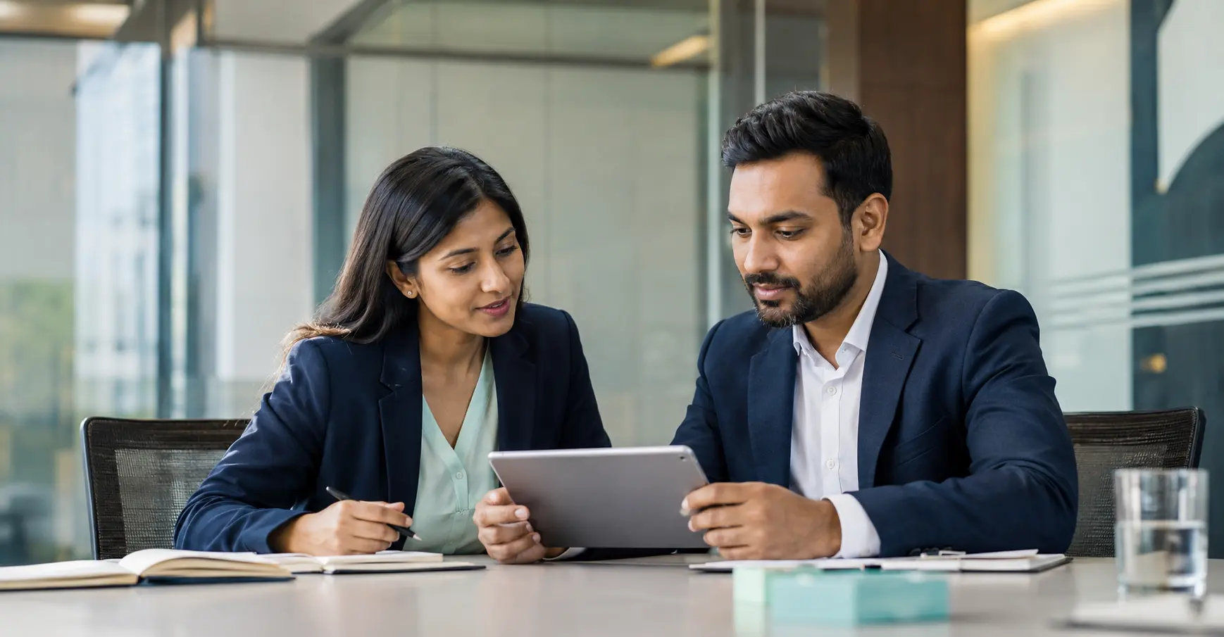 Two professionals reviewing match context together