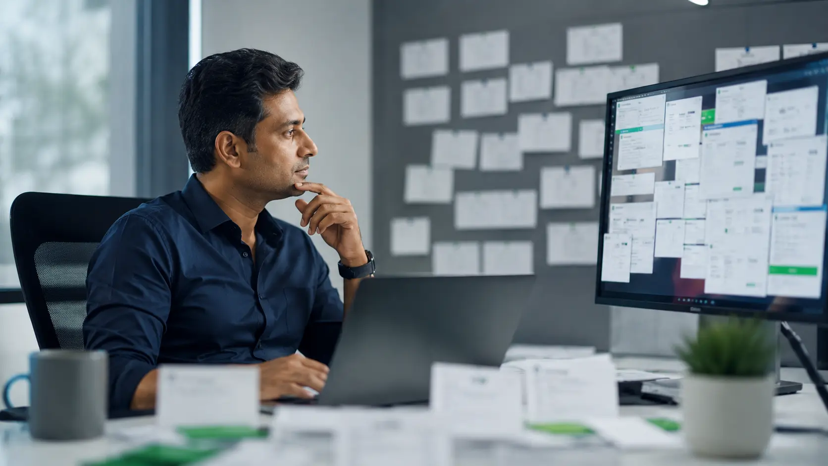 Sales manager sorting through scattered lead information